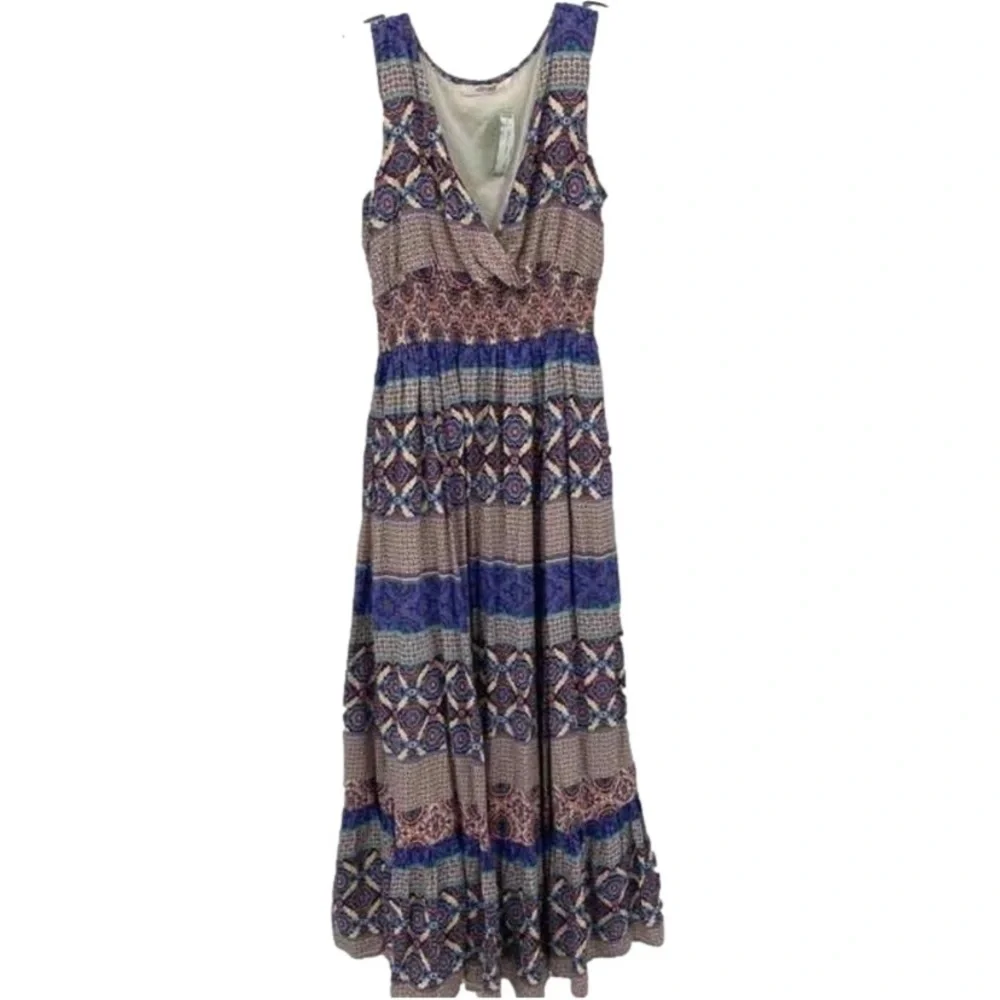 eshakti Womens Size M Sleeveless Smocked Waist A Line Mixed Print Maxi Dress